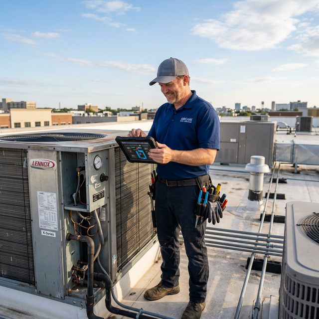 An HVAC technician checking equipment on a commercial rooftop with a tablet