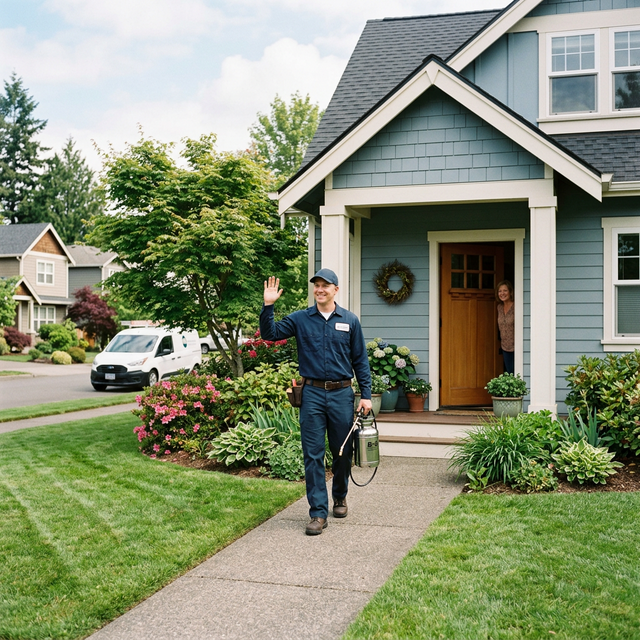 A pest control technician approaching a suburban home with professional equipment