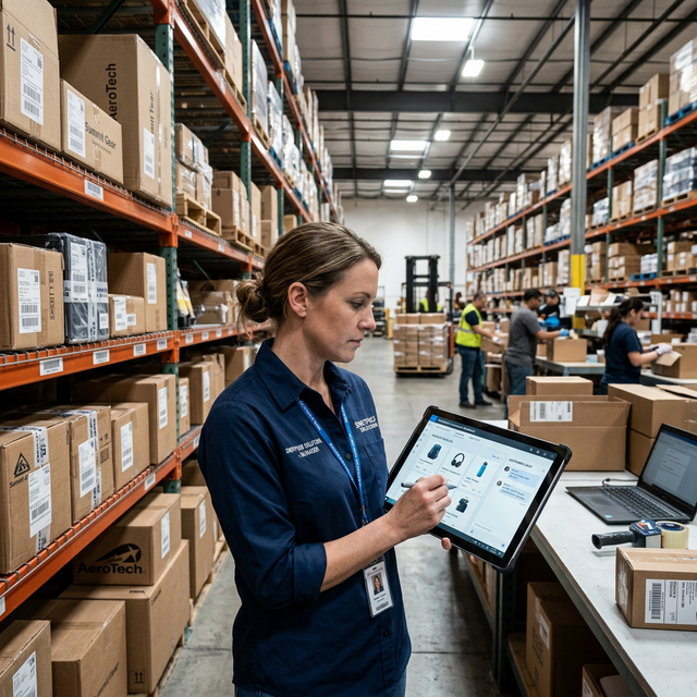 An HVAC technician checking equipment on a commercial rooftop with a tablet