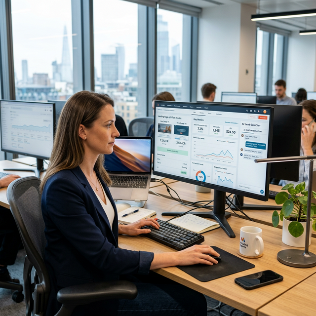 An HVAC technician checking equipment on a commercial rooftop with a tablet